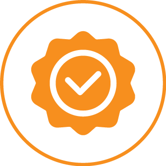 Orange badge icon with a white checkmark inside a circle.