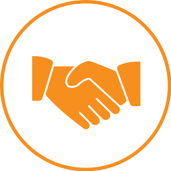 Orange handshake icon inside a circle.