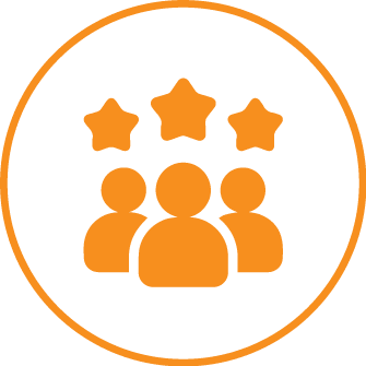 Orange icon featuring three person silhouettes with three stars above them, all enclosed within a circle.